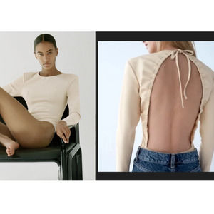 Zara | Light Tan/Beige/Nude Backless Tie-Neck Long Sleeve Bodysuit